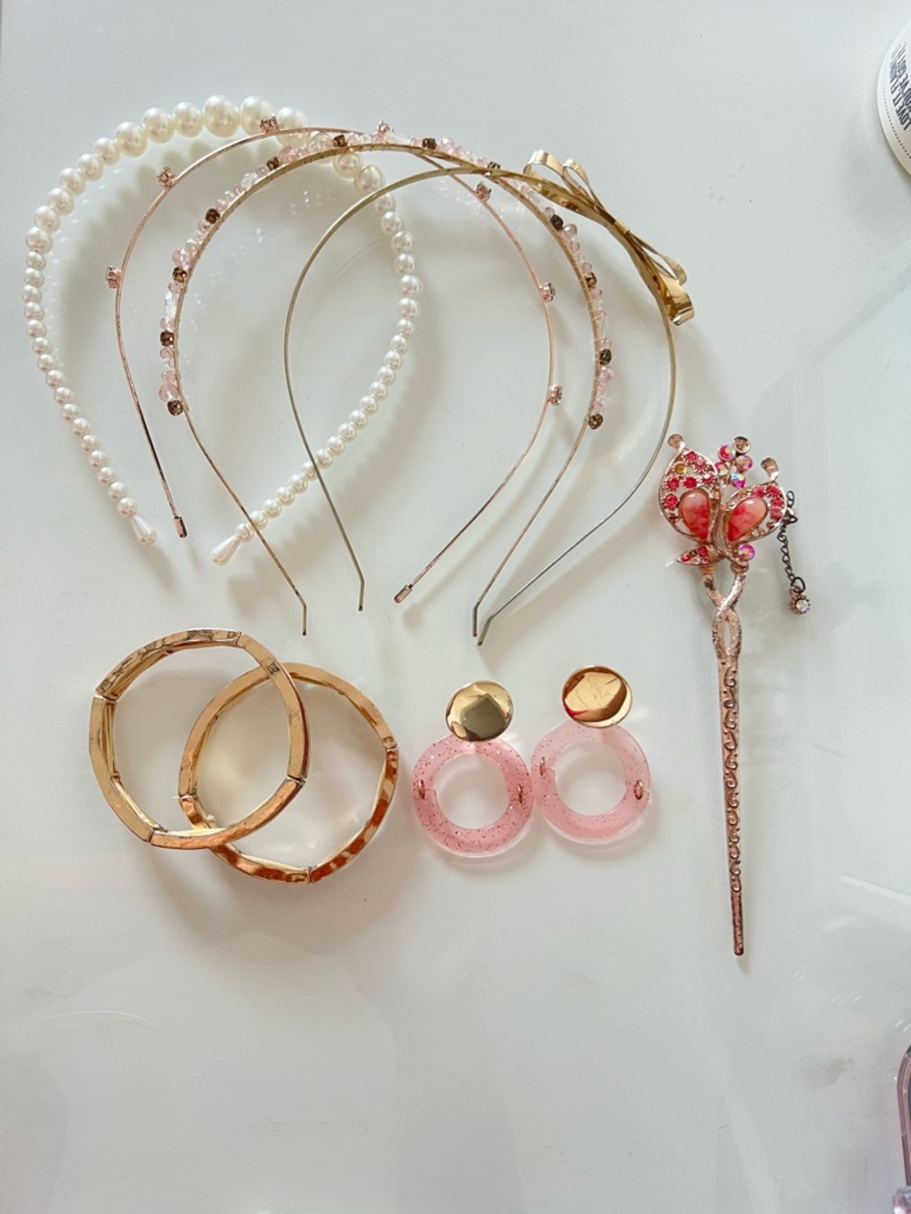 Assorted Women's Hair Accessories and Earrings Set - Pink and Gold